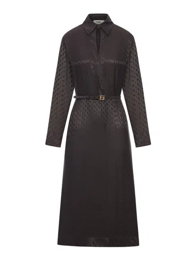 Fendi Ff Jacquard Silk Midi Shirt Dress In Black