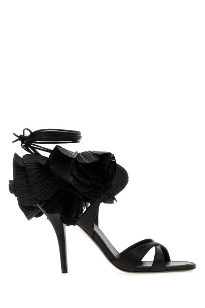 Ferragamo Estrella Leather Flower Ankle-tie Sandals In Black