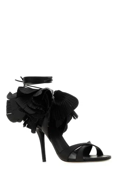 Ferragamo Estrella Leather Flower Ankle-tie Sandals In Black