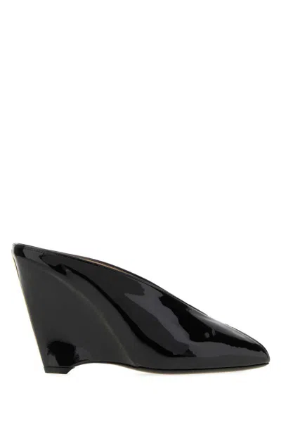Ferragamo Leather Mules With Wedge Heel And Glossy Finish In Black