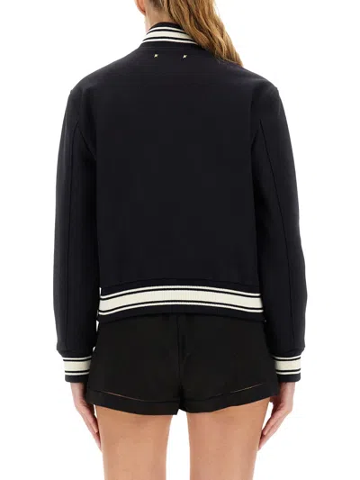 Golden Goose Wool Blend Bomber With Embroidered And Patch Detail In Blue