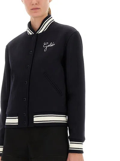 Golden Goose Wool Blend Bomber With Embroidered And Patch Detail In Blue