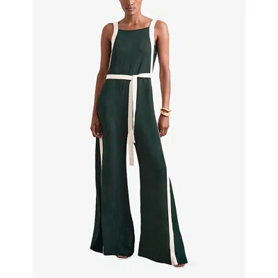 Reiss Womens Dark Green White Salma Colour-block Woven Jumpsuit In Green