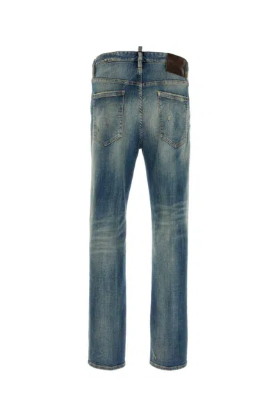 Dsquared2 Men Blue Jeans With Logo Patch On The Rear And Distressed Effect In Denim Man In Blue