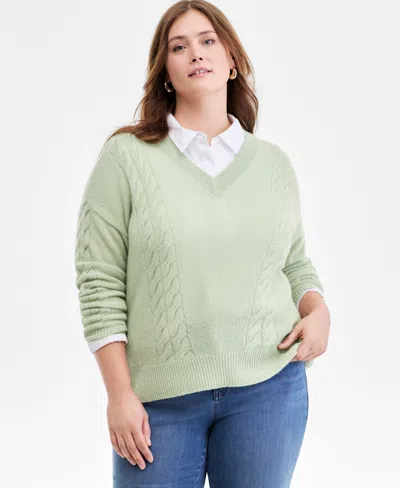 Charter Club Women's 100% Cashmere Placed Cable-knit V-neck Sweater, Macy's Exclusive In Green