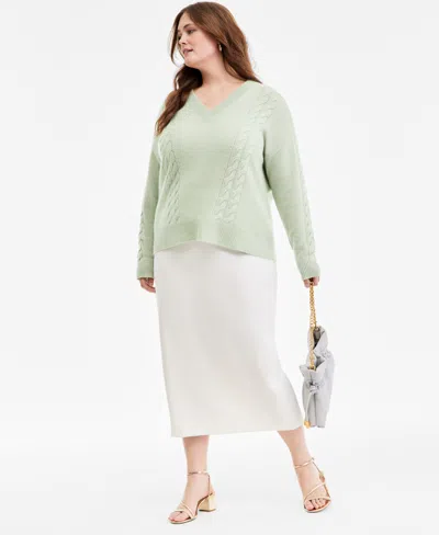 Charter Club Women's 100% Cashmere Placed Cable-knit V-neck Sweater, Macy's Exclusive In Green