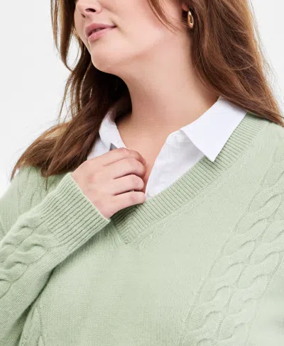 Charter Club Women's 100% Cashmere Placed Cable-knit V-neck Sweater, Macy's Exclusive In Green