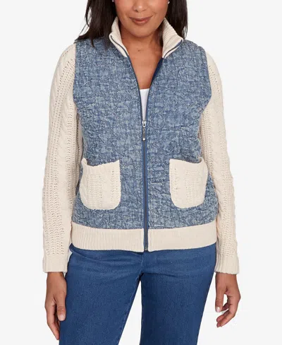 Alfred Dunner Women's Sunset Canyon Sweater Ribbed Quilted Jacket In Blue