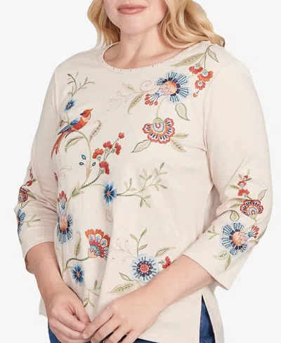 Alfred Dunner Petite Allover Floral Embroidered Crewneck Top In Neutral