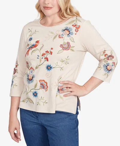 Alfred Dunner Petite Allover Floral Embroidered Crewneck Top In Neutral