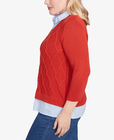 Alfred Dunner Sunset Canyon Stitched Cable Stripe Woven Trim Sweater In Red