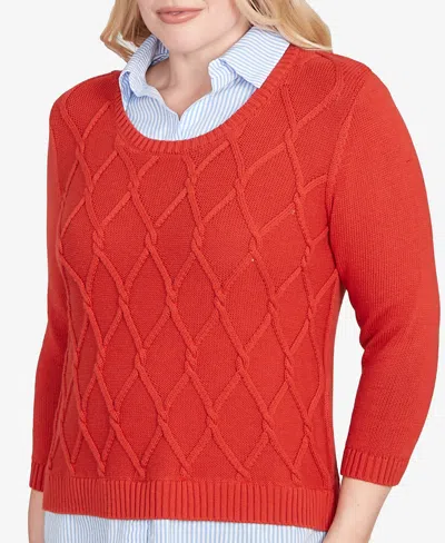 Alfred Dunner Sunset Canyon Stitched Cable Stripe Woven Trim Sweater In Red