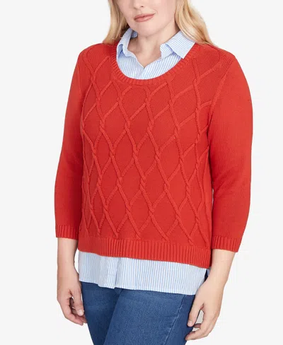 Alfred Dunner Sunset Canyon Stitched Cable Stripe Woven Trim Sweater In Red