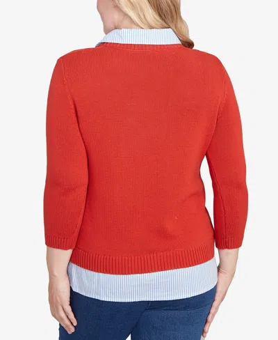 Alfred Dunner Sunset Canyon Stitched Cable Stripe Woven Trim Sweater In Red