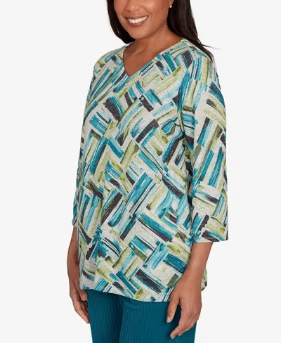 Alfred Dunner Petite Lake Champlain Detailed V Neck Brushstroke Top In Multi