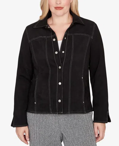 Alfred Dunner Petite Jet Setter Print Lining Faux Suede Jacket In Black
