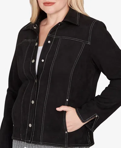 Alfred Dunner Petite Jet Setter Print Lining Faux Suede Jacket In Black