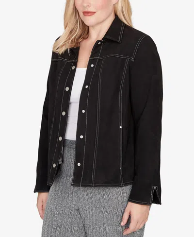 Alfred Dunner Petite Jet Setter Print Lining Faux Suede Jacket In Black