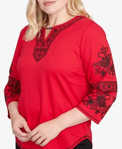 Alfred Dunner Women's Jet Setter Knit Embroidered Sleeve Beaded Split Neck Top In Red