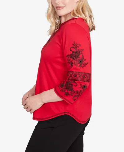 Alfred Dunner Women's Jet Setter Knit Embroidered Sleeve Beaded Split Neck Top In Red