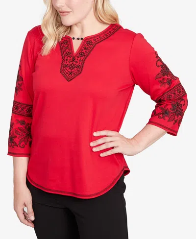 Alfred Dunner Women's Jet Setter Knit Embroidered Sleeve Beaded Split Neck Top In Red