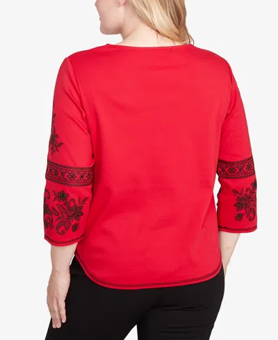 Alfred Dunner Women's Jet Setter Knit Embroidered Sleeve Beaded Split Neck Top In Red