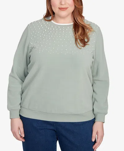 Alfred Dunner Plus Size Classic Embellished Neckline Anti-pill Sweater In Green