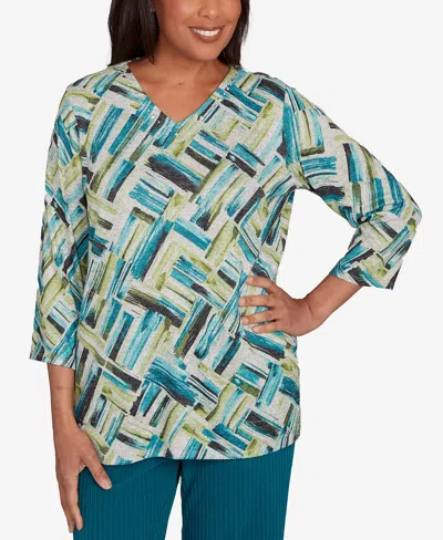 Alfred Dunner Petite Lake Champlain Detailed V Neck Brushstroke Top In Multi
