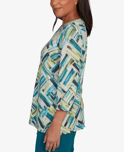 Alfred Dunner Petite Lake Champlain Detailed V Neck Brushstroke Top In Multi