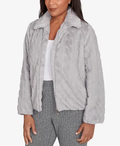 Alfred Dunner Petite Jet Setter Sculpted Faux Fur Zip Up Jacket In Gray