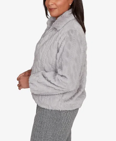 Alfred Dunner Petite Jet Setter Sculpted Faux Fur Zip Up Jacket In Gray