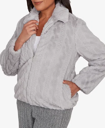 Alfred Dunner Petite Jet Setter Sculpted Faux Fur Zip Up Jacket In Gray