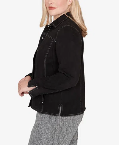 Alfred Dunner Petite Jet Setter Print Lining Faux Suede Jacket In Black