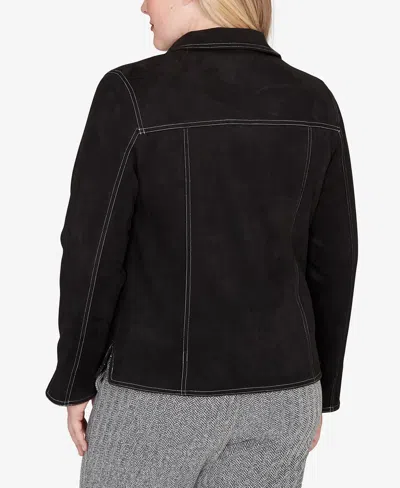 Alfred Dunner Petite Jet Setter Print Lining Faux Suede Jacket In Black