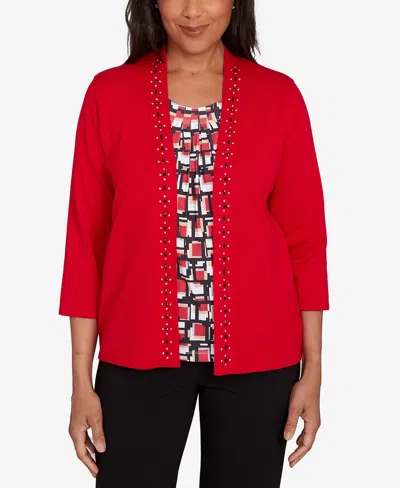Alfred Dunner Petite Jet Setter Geometric Inner Two In One Sweater In Red