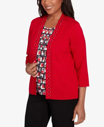 Alfred Dunner Petite Jet Setter Geometric Inner Two In One Sweater In Red
