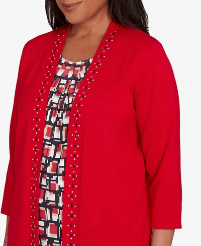 Alfred Dunner Petite Jet Setter Geometric Inner Two In One Sweater In Red