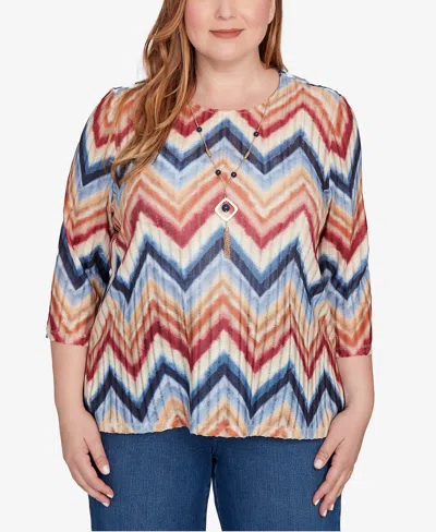 Alfred Dunner Plus Size Sunset Canyon Textured Knit Chevron Top With Necklace In Multi