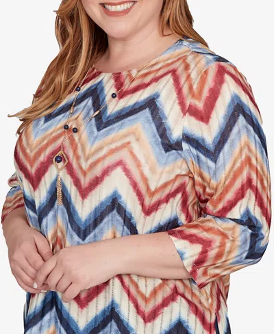 Alfred Dunner Plus Size Sunset Canyon Textured Knit Chevron Top With Necklace In Multi