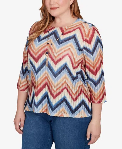 Alfred Dunner Plus Size Sunset Canyon Textured Knit Chevron Top With Necklace In Multi