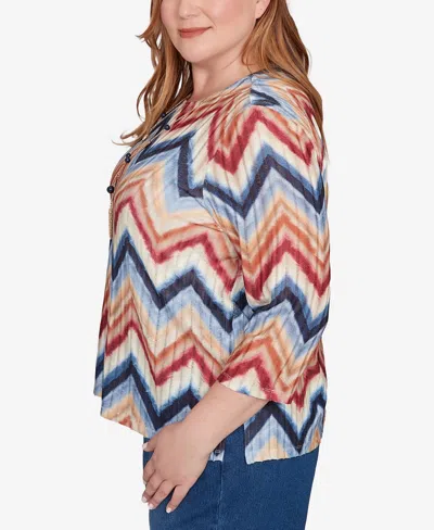 Alfred Dunner Plus Size Sunset Canyon Textured Knit Chevron Top With Necklace In Multi