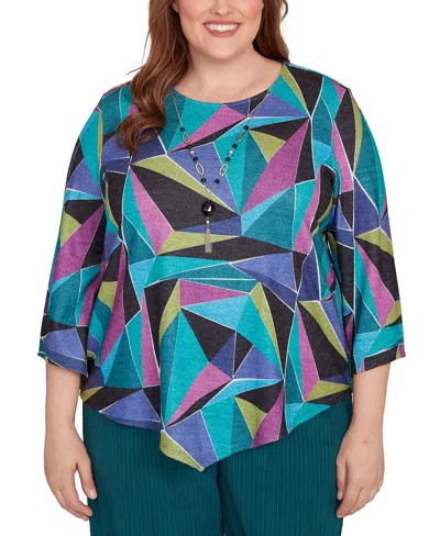 Alfred Dunner Plus Size Lake Champlain Abstract Stained Glass Top With Necklace In Multi