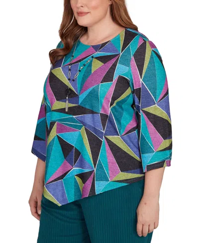 Alfred Dunner Plus Size Lake Champlain Abstract Stained Glass Top With Necklace In Multi