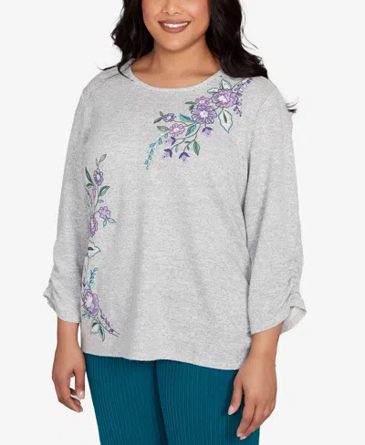 Alfred Dunner Plus Size Lake Champlain Embroidered Flowers Top With Side Tie Ruching In Gray