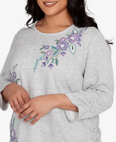 Alfred Dunner Plus Size Lake Champlain Embroidered Flowers Top With Side Tie Ruching In Gray