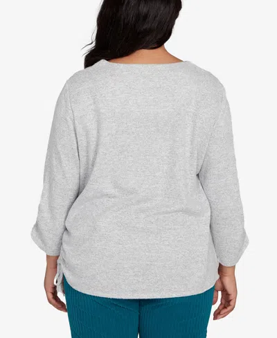 Alfred Dunner Plus Size Lake Champlain Embroidered Flowers Top With Side Tie Ruching In Gray