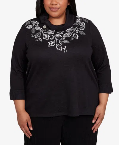Alfred Dunner Plus Size Lake Champlain Leaf Embroidered Rib Neck Top In Black
