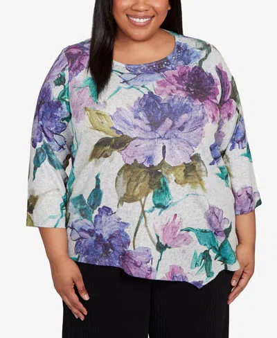 Alfred Dunner Plus Size Lake Champlain Asymmetrical Watercolor Flower Top In Multi