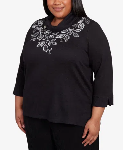 Alfred Dunner Plus Size Lake Champlain Leaf Embroidered Rib Neck Top In Black