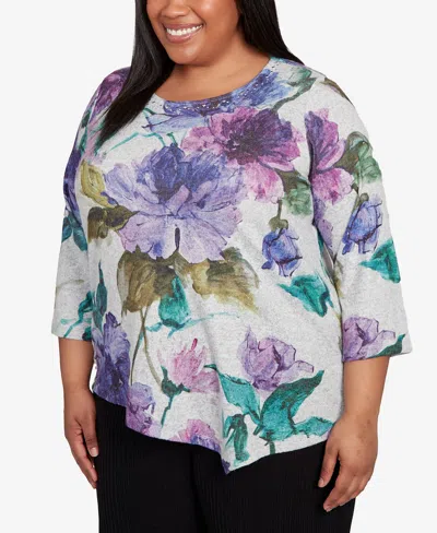 Alfred Dunner Plus Size Lake Champlain Asymmetrical Watercolor Flower Top In Multi
